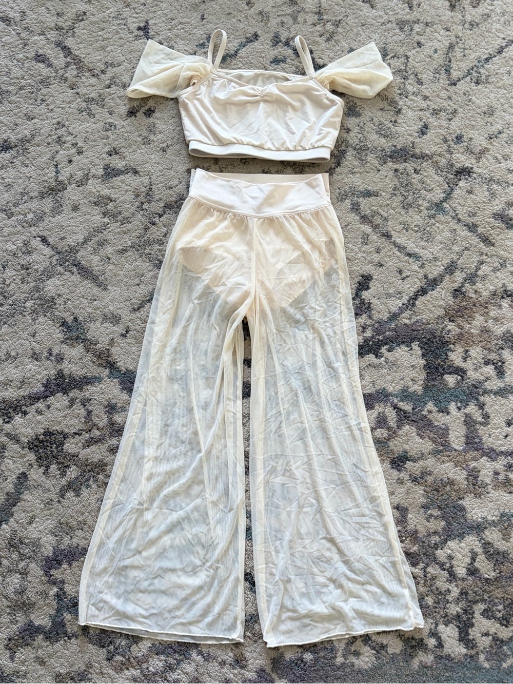 Jazzmatazz Three Piece Ivory Mesh Wide Leg Pants Dance Costume